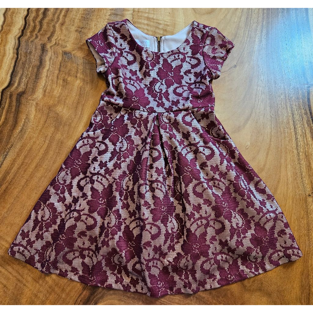 Girls Iris & Ivy Formal Dress Size 5 Burgundy Beige Lace